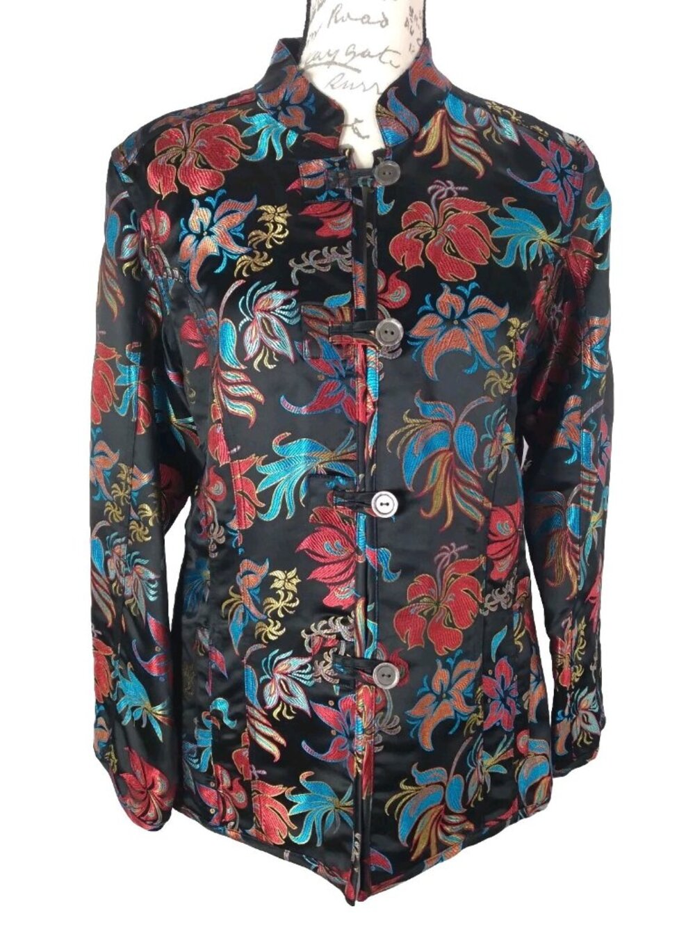 Chico's sz 1 Small Asian Oriental Floral style button front Rayon Silk jacket